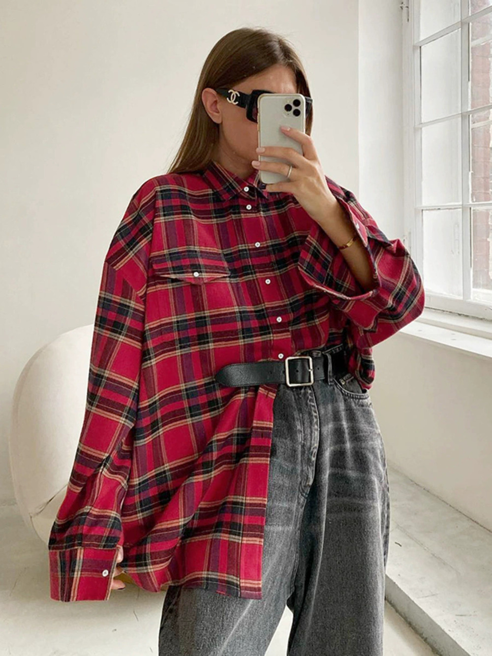 Forever 21 Red Plaid Oversized Cotton Long Sleeve Shirt Layering